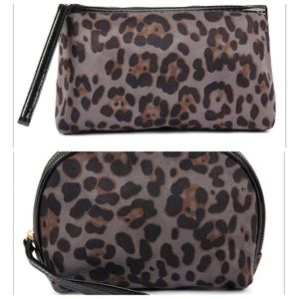 Leopard - Animal Print Wristlet and Cosmetic Bag Set - Black/Gray - NWT